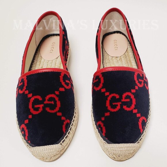 GUCCI SHOES TERRY CLOTH GG LOGO ESPADRILLE FLATS BLUE RED sz IT 36.5 US 6.5 - Picture 4 of 16